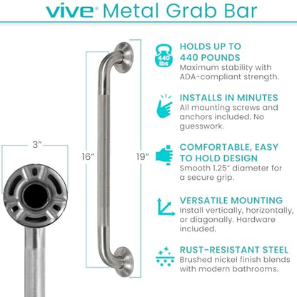 Vive 440lbs Grab Bar for Bathtubs and Showers (2 Pack) - Handicap Bathroom | Safety Rail for Elderly - Wall Senior Handle for Tub, Toilet, Bath - Disability Assist Device Accessories Handrail (16 Inch)
