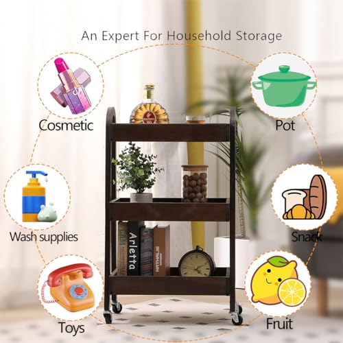 3 Tier Rolling Craft Cart Slim Rolling Storage Cart Wooden Cart on Wheels Bathroom Organizer Rolling Utility Cart Mobile Shelving Unit for Kitchen Bathroom Laundry Narrow Places (Black) - color: Black