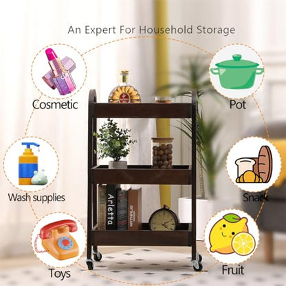 3 Tier Rolling Craft Cart Slim Rolling Storage Cart Wooden Cart on Wheels Bathroom Organizer Rolling Utility Cart Mobile Shelving Unit for Kitchen Bathroom Laundry Narrow Places (Black) - color: Black