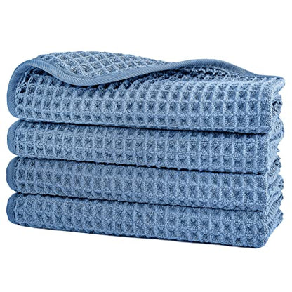 POLYTE 430 GSM Microfiber Lint Free Washcloth Face Towel, 13 x 13 in, 4 Pack (Waffle Weave) - color: Blue