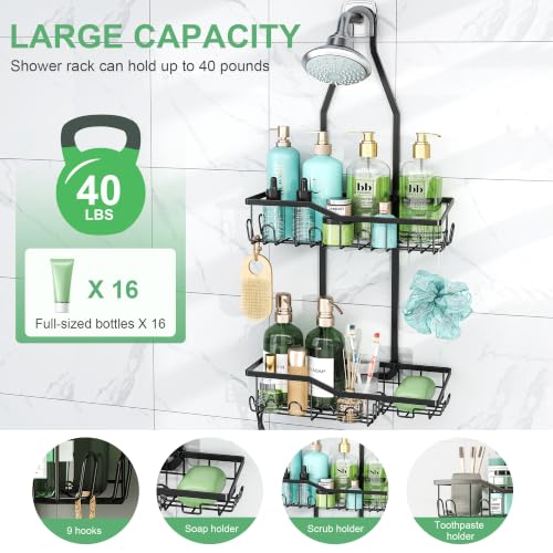 Shower Caddy Hanging,Rustproof Anti-Swing Shower Organizer,2 Tier Hanging Bathroom Caddy Anti-swing and Non-slip,Bathroom Organizer with 18 Hooks for Razor/Sponge (Black, Large)