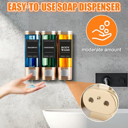 Shampoo and Conditioner Shower Soap Dispenser, No Drill 3 * 300ml | Press Liquid Soap Dispenser, Wall Mounted No Drill Shampoo Dispenser for Kitchen Bathroom Hotel (Gold)
