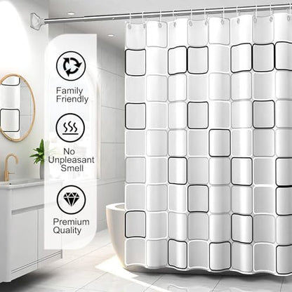 TIKABC Shower Curtain Liner, 4G PEVA Shower Liner, Plastic Waterproof Shower Curtains, with Grommet Holes and 3 Magnetic Weights(Black White Big Square) - color: Black White Large Squre