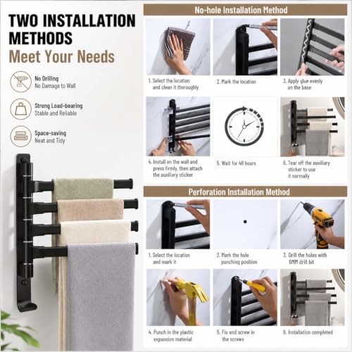 2-5 Arms Swivel Towel Rack Bath Towel Holder with Hook Swing Arm Towel Rack Wall Mount for Bathroom Kitchen-Black 4Arm - color: Black, size: 4-arm