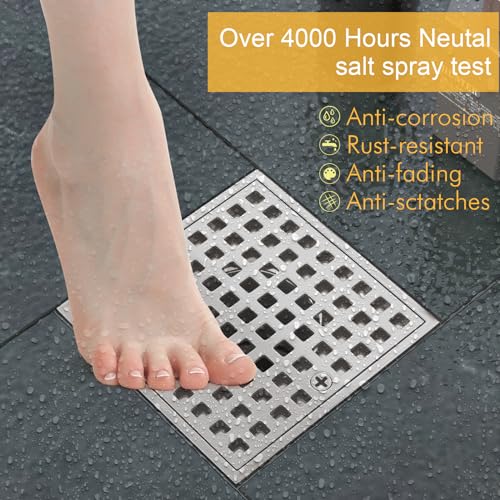 4 Inch Square Shower Drain, Brushed Nickel | ABS Flange & Hair Strainer, SUS 304 Stainless Steel, Removable Grid Cover, Anti-Clog - color: Brushed Nickel
