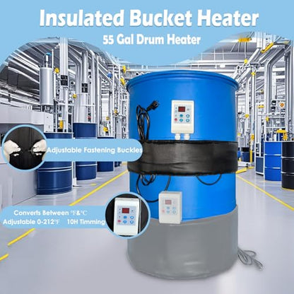 Industrial 55-Gallon Barrel Heater with 0-212℉ Adjustable Thermostat, 1200W Waterproof Drum Heater Blanket for Metal Barrels & Propane Tanks, 24H Timer, UL/FCC Certified Energy-Saving Heating System - size: 5X68.5in