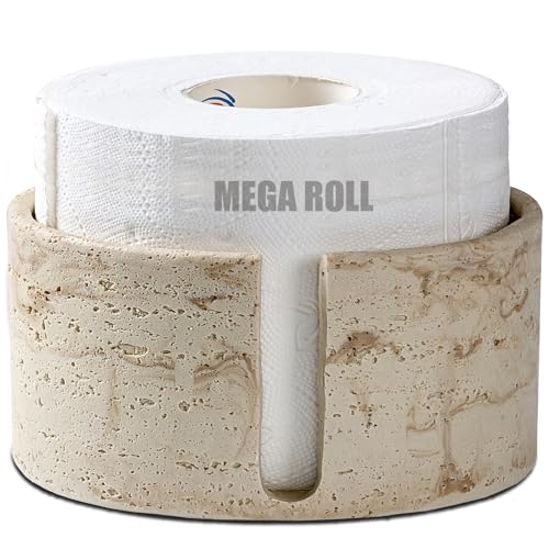 Natural Travertine Textures Toilet Paper Holder Stand for Bathroom Countertop or Floating Shelves,Toilet Top Decorative Roll Organizer Mega Roll 5.5 Inches or Less, Free Standing Mega Roll Storage