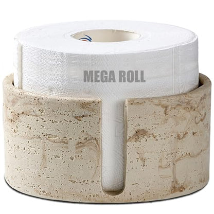 Natural Travertine Textures Toilet Paper Holder Stand for Bathroom Countertop or Floating Shelves,Toilet Top Decorative Roll Organizer Mega Roll 5.5 Inches or Less, Free Standing Mega Roll Storage