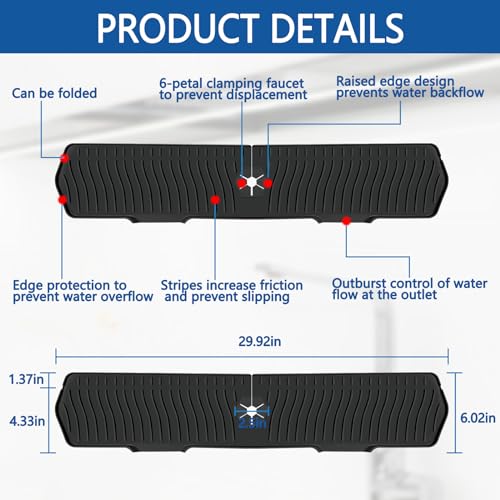 Kitchen Sink Splash Guard Gen2-30" x 6'' Silicone Sink Mat Splash Guard fit for Countertop, Bathroom,Farmhouse,RV by EBIGIC (Black) - color: Black 30in, size: 30”x 6.0”