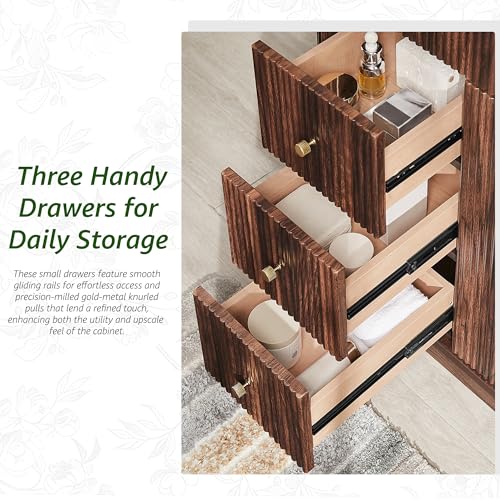 T4TREAM 36" Fluted Bathroom Vanity with Single Sink, Dark Walnut | Integrated Ceramic Sink, Large Storage Cabinet, Adjustable Shelf, 3 Drawers, Three pre-drilled faucet holes, Mid-Century - color: Dark Walnut, size: 36" (Single Sink)