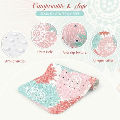 SHUCHING Bath Mat for Tub Non Slip-40x16 Inch, Green and Pink Flower | Bathtub Mat for Elderly Mold Free, Long Shower Mat for Inside Shower with Suction Cup, Machine Washable - color: Abstract Sunflower