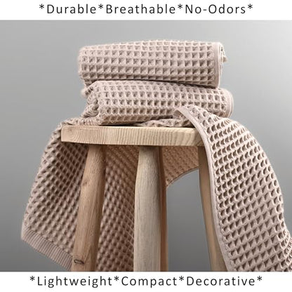 PÜSKÜL Natural 100% Turkish Cotton Waffle Kitchen and Hand Towels, 3-Piece | Beige, 32x16" Large, Premium 3D Honeycomb Weave Soft Absorbent Quick-Dry Lint-Free Dish Towel, Oeko-Tex Made in Turkey - color: Beige, size: Kitchen & Hand Towels Pack of 3