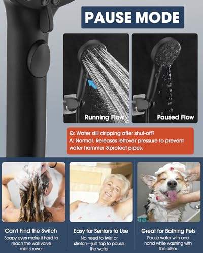 Handheld Shower Head with 6.56ft Extra Long Hose, On Off Switch 8-Seting High Preesure Hand Held Showerhead, Low-Reach Adhesive Holder for Kid, Disable& Elder (Matte Black) - color: Matte Black