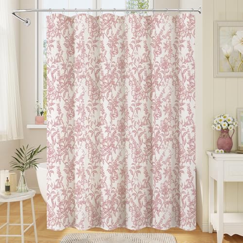 Pink Boho Linen Shower Curtain, Farmhouse Floral for Bathroom | Botanical floral print. Rustic farmhouse boho decor. Durable linen blend fabric. Machine washable for easy care. 72x84 - color: Pink, size: 72"W x 84"L (Pack of 1)