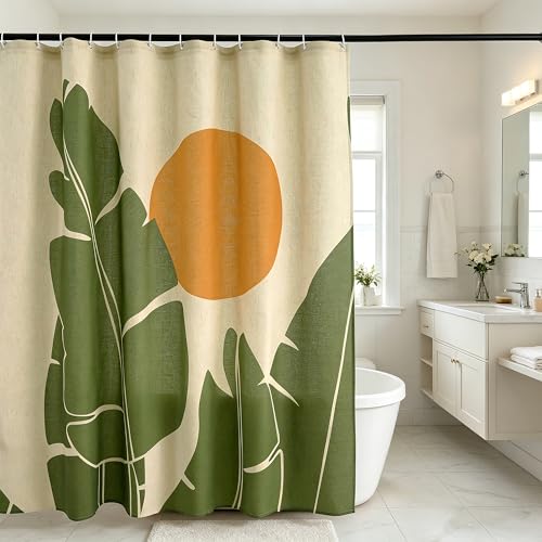 Tropical Leaves Linen Boho Shower Curtain Set with Liner,72" Wx72 L | Double Layer Shower Curtain Waterproof Fabric with Zippered Removable PEVA Liner,Boho Shower Curtain for Bathroom,Free Hooks - color: Banana Leaf