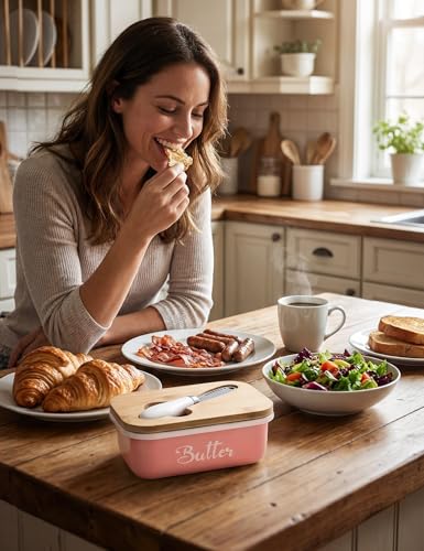 Butter Dish, Butter Dish with Lid for Countertop,Metal Butter Keeper with Stainless Steel Multipurpose Butter Knife, Large Butter Container with quality Silicone Good Kitchen Gift,Pink - color: Pink