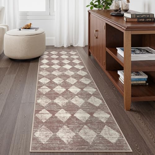 Checkered Kitchen Runner Rug 2x6 Beige, Non Slip Washable Hallway Bathroom - color: Beige, size: 2' x 6' (Runner)