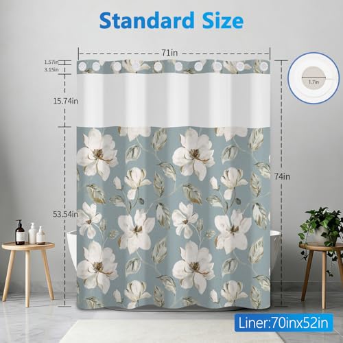 Floral Shower Curtains for Bathroom, Double-layer No Hook Shower Curtain with Detachable Liner and Mesh Top Window, 71x74 Inches Waterproof Fabric Shower Curtain with Built-in Rings and Weighted Hem - color: White Flowers