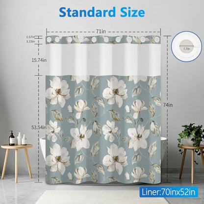 Floral Shower Curtains for Bathroom, Double-layer No Hook Shower Curtain with Detachable Liner and Mesh Top Window, 71x74 Inches Waterproof Fabric Shower Curtain with Built-in Rings and Weighted Hem - color: White Flowers