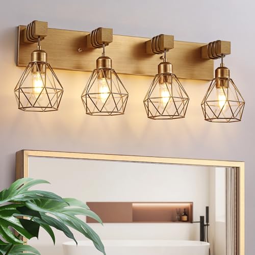 maesta 4 Light Bathroom Vanity Light, Farmhouse Gold Fixture Over Mirror | Farmhouse Bathroom Light Fixtures, Wood & Metal, Anti-Rust, Easy to Install for Rustic Bathroom Hallway - color: Gold, size: 4 Lights