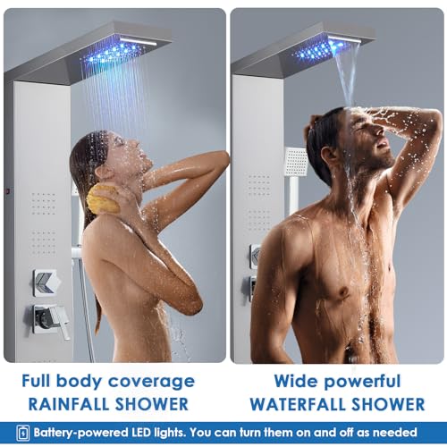 ROVOGO LED Shower Panel Tower System with Lights, 5 Shower Modes, 46.5 Inch | Rainfall Waterfall Shower Head, 4 Body Jets, Handheld and Tub Spout, Stainless Steel Shower Column with Brass Valves, Brushed - color: Brushed-4 jets