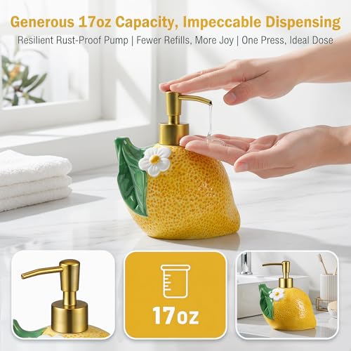 RQYIXI 17 OZ Lemon Ceramic Soap Dispenser with ABS Pump,Refillable Liquid Bathroom soap Dispenser for Lotion ,Body Wash ,Cute Kitchen Soap Dispenser for Dish Soap,Hand Soap - color: Lemon
