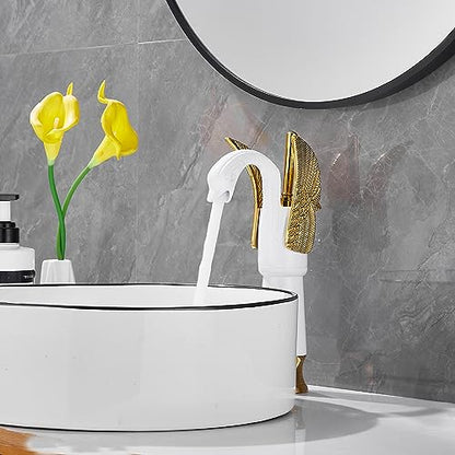 Swan Shape Single Handle 1Hole Bathroom Vessel Sink Faucet Deck Mount Lavatory Sink Faucet Gold Mixed White - color: White, size: Tall