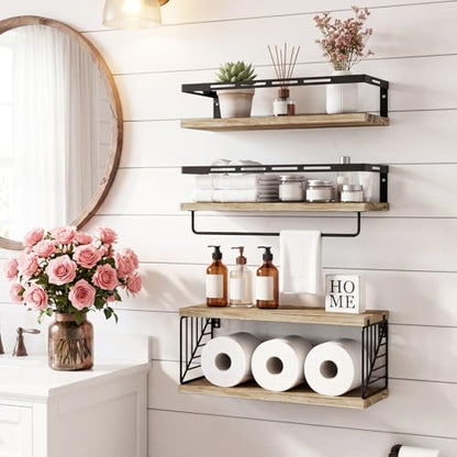 Fixwal Wall Mounted Bathroom Shelves Over Toilet (3+1 Light Brown) | Wall Shelf with Basket Storage , Towel Bar, Solid Wood, 22Lb Capacity, Easy DIY Install - color: 1-rustic Brown
