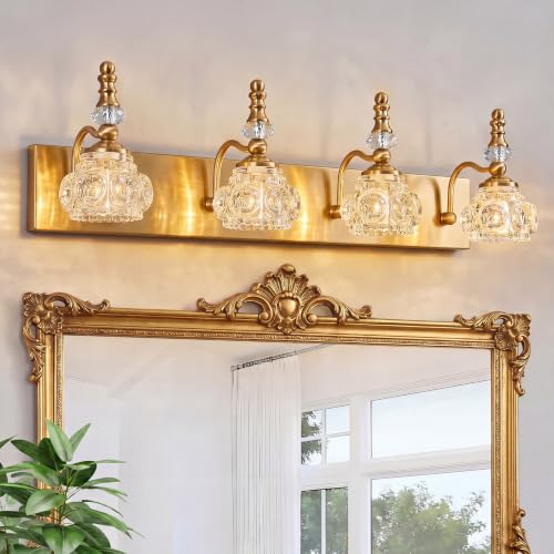 Modern Glass Crystal Vanity Light - Vintage Bathroom Lighting Fixtures Over Mirror, 4 Light Vanity Lights G9 Bulb (27.55 Inch, Gold) - color: Gold, size: 4-light