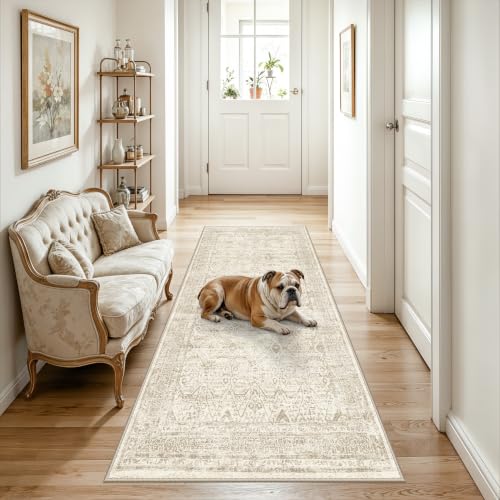 3x6 Runner Rug Washable Entryway: Non Slip Soft Kitchen Area Rug, Low Pile Vintage Farmhouse Floor Door Mat for Bathroom, Neutral Indoor Carpet for Hallway Bedroom (Beige/Ivory 3'x6') - color: Beige, size: 3' x 6' (Rectangular)