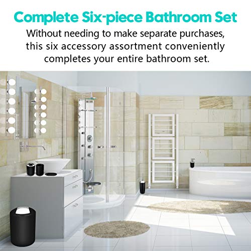 Compact 6-Piece Black Plastic Bathroom Accessories Set with Small Trash Can, Soap Dispenser, Toothbrush Holder, Cup, Soap Dish, Toilet Brush for Guest Bathroom Dorm Apartment - color: Black