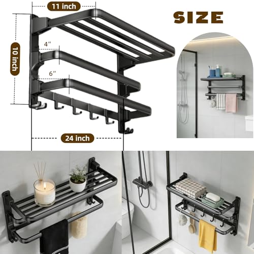 Towel Rack Wall for Bathroom Lavatory Hotel, 24 Inch Foldable Towel Shelf with 2 Towel Holder Bar and 7 Hooks, Black Matte Towel Storage Organizer Mounted, Drill-in or Adhesive Installation
