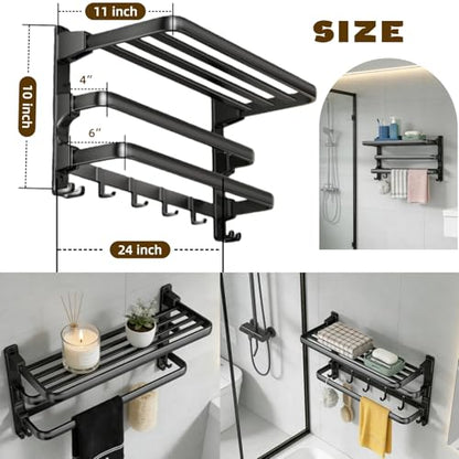 Towel Rack Wall for Bathroom Lavatory Hotel, 24 Inch Foldable Towel Shelf with 2 Towel Holder Bar and 7 Hooks, Black Matte Towel Storage Organizer Mounted, Drill-in or Adhesive Installation