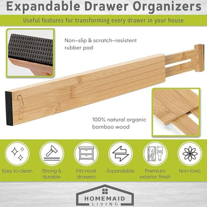 Bamboo Drawer Organizer Adjustable and Expandable - Ideal Drawer Dividers for Kitchen, Dresser, Bedroom and Bathroom - Expandable Drawer Organizer Set of 4 - Water-Resistant Finish