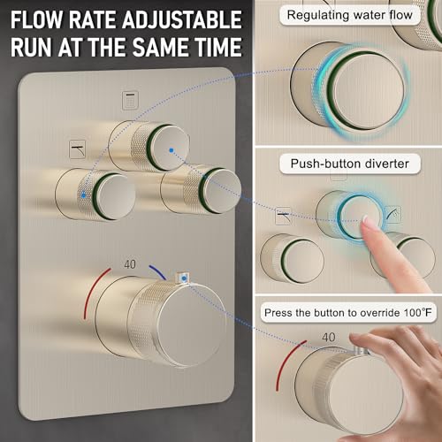 Iriber Thermostatic Shower System with Adjustable Water Flow Push Button Diverter, Square Dual Shower Heads Faucet Set with Handheld Spray, Brushed Nickel Shower Mixer Valve Trim Kit (Valve Included) - color: Brushed Nickel 05