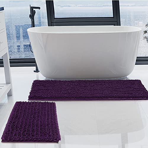 Luxury Chenille Plum Bathroom Rugs Sets 2 Piece, Thickened Hot Melt Rubber Bottom Bath Mats for Bathroom Non Slip,Bath Rugs Quick Dry Machine Washable for Shower Mat (47"x17"+17"x24") - color: Plum, size: 47" x 17" Plus 17" x 24"