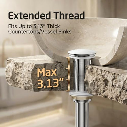 KES Polished Chrome Bathroom Sink Drain with Extended Thread, All Metal Pop Up Drain Stopper without Overflow for Thicker Vessel Sinks and Countertops, Brass and Stainless Steel, S2022D-CH - color: Polished Chrome, style: NO Overflow, Long Thread
