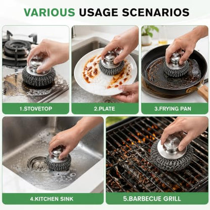 3Pcs Steel Wool Scrubber with Handle, Stainless Scrubber Steel Wool Cleaning Tools for Cleaning Tableware, Kitchen Pots, Pans and Sinks