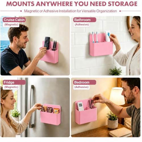 AgePlace 2 Pack Magnetic Toothbrush Holder for Cruise Ship Cabins,Wall Mounted Toothbrush Organizer with 3 Removable Dividers,Travel Must Haves,Cruise Essentials 2026 for Alaska & Caribbean Cruises - color: Pink