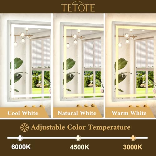 TETOTE 40 x 32 Led Mirror Silver Metal Frame Frontlit & Backlit Vanity Mirror Anti-Fog Stepless Dimmable 3 Colors White/Warm/Natural Wall Mirror with Lights