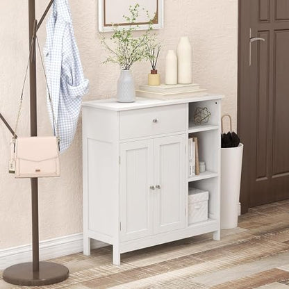 GOFLAME Bathroom Cabinet, 29.5" x 12" x 31.5" Floor Storage Cabinet with 1 Drawer, 3 Open Compartments, Adjustable Shelves, White
