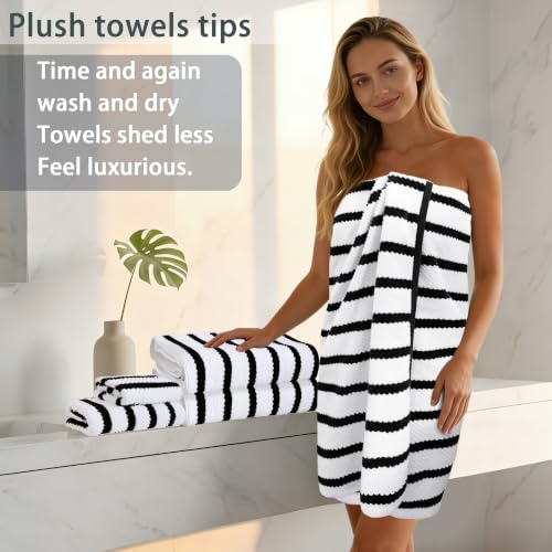 VOOVA & MOVAS 3PC Towel Set, 100% Cotton, Black White Dark Tan | 1 Large Bath 30x56 In,1 Hand 18x28 In,1 Wash Cloth 13x13 In, Quick Dry, Soft, Thick, Dorm Room Essentials - color: Black + White, size: 3 PC Bathroom Towel Set