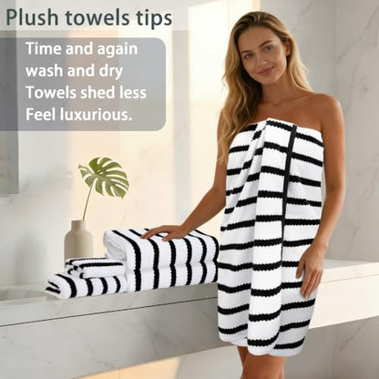 VOOVA & MOVAS 3PC Towel Set, 100% Cotton, Black White Dark Tan | 1 Large Bath 30x56 In,1 Hand 18x28 In,1 Wash Cloth 13x13 In, Quick Dry, Soft, Thick, Dorm Room Essentials - color: Black + White, size: 3 PC Bathroom Towel Set