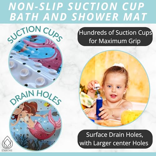 ENKOSI Non-Slip Bath & Shower Mat 40x16 Extra Long, Suction & Drain Holes | Fun mermaid print for kids; Durable PVC; 40x16 in, Mermaid - color: Mermaid Print