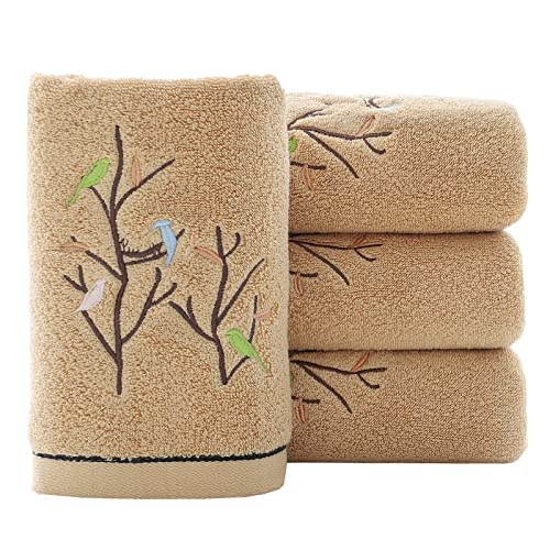 Pidada Hand Towels Set of 4 Embroidered Bird Tree Pattern 100% Cotton Absorbent Soft Decorative Towel for Bathroom (Brown) - color: 4 Brown, size: 13.8 x 29.5