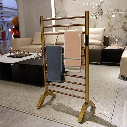 Electric Towel Warmer Gold,Heated Towel Rack Free Standing & Wall Mounted Towel Racks for Bathroom 304 Stainless Steel Radiator 10 Bars Bath Towel Heater with Built-in Timer,Plug-in - color: Gold