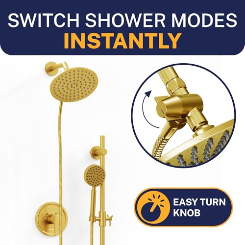 HammerHead Showers® Solid Metal 3 Way Shower Diverter Valve - Shower Arm Diverter Connects Fixed and Hand Held to Shower Arm - Shower Diverter for Dual Shower Head - Shower Splitter - Brushed Gold - color: Brushed Gold