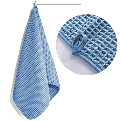 POLYTE 430 GSM Poly Blend Microfiber Quick Dry Waffle Hand Towel, 16x30 in | 4 Pack, Oversize, Lint Free, Quick Dry, Hanging Loop - color: Blue