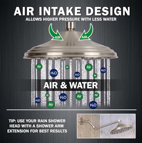 Rainfall Shower Head - 2.5 GPM - Brushed Nickel | 8 Inch Large Overhead Rain Showerhead With Self-Clean Nozzles, High Flow, Easy Install, Adjustable Brass Ball Joint - color: Brushed Nickel