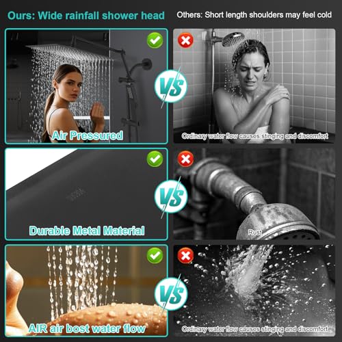 All Metal 10 Inch Rain Shower Head with Handheld Spray Combo, High Pressure Waterfall Rainfall Square Shower Heads with 16" Adjustable Extension Arm, Dual Showerhead with 3-Way Diverter, Matte Black - color: Matte Black, size: 10 Inch